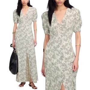 Madewell Puff-Sleeve Floral V-Neck Midi Dress Ivory & Black Size 00 Boho Cottage